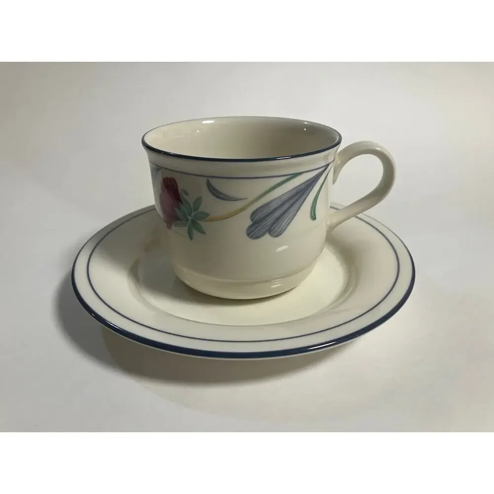 Lenox Poppies on Blue Flat Cup & Saucer Set Floral Blue Discontinued USA/France